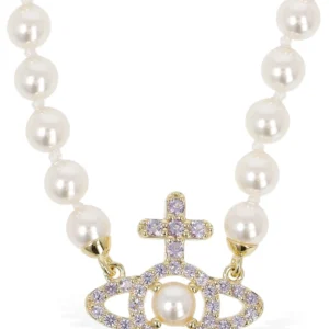 Vivienne Westwood Olympia pear cross crystal Saturn pearl necklace women